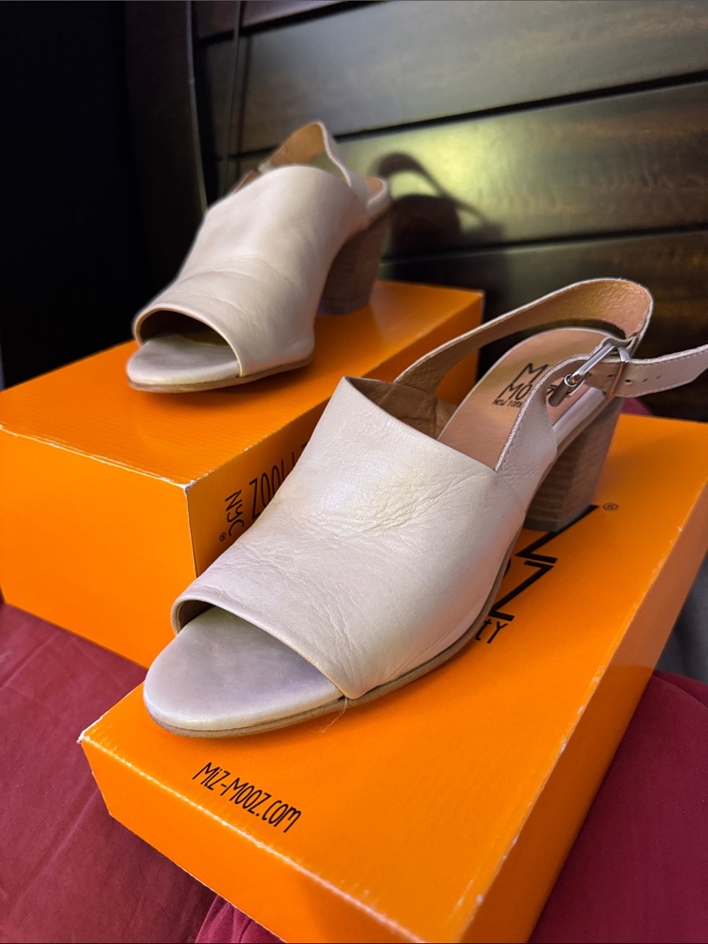 Miz Mooz Beige Leather Open-Toe Slingback Block Heel